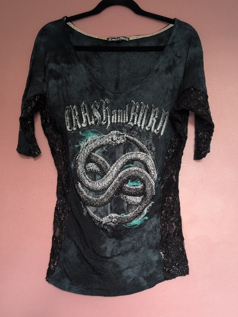 Women's Black Graphic Scoop Neck Top with Embellished Front and Lace Sides
